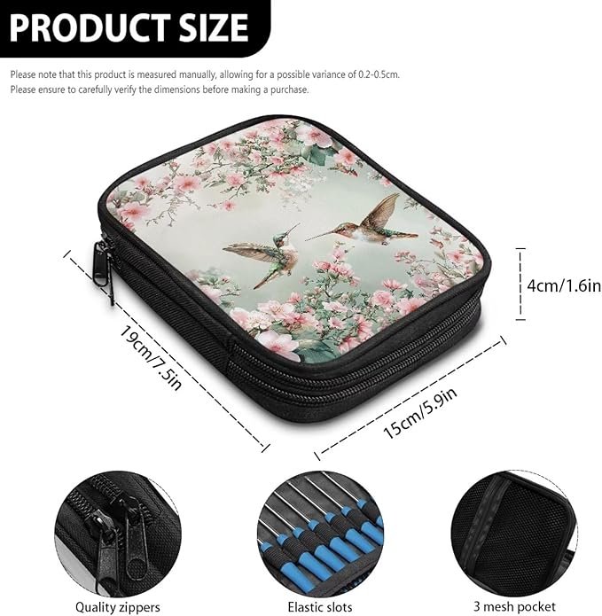 Hechitok Hummingbird Flower Crochet Hook Case, Zipper Storage Organizer Bag with Web Pockets for Crochet Needles/Knitting Accessories/Crochet Hook Kit Tools Easy to Hold