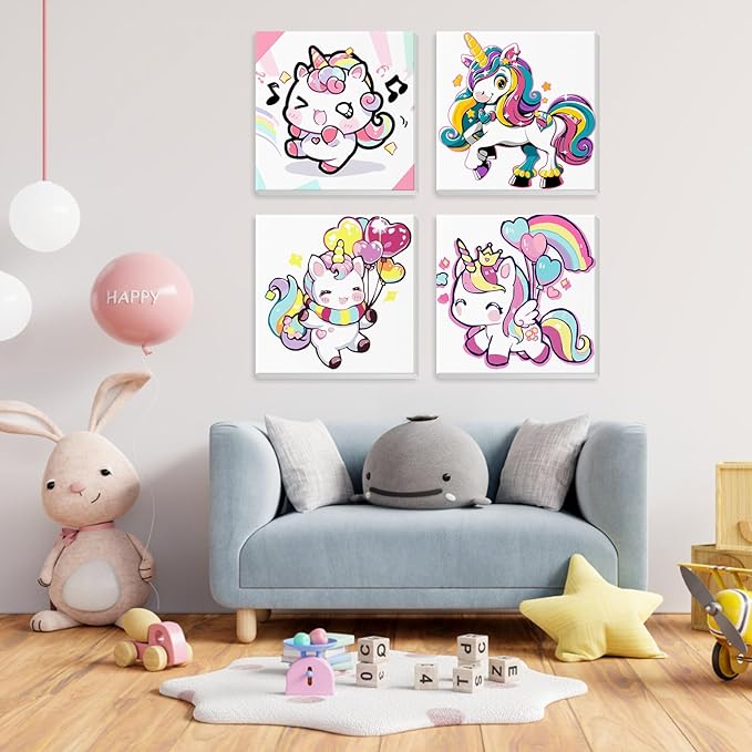 NEWENMO 4 Pack Paint by Number for Kids with Wooden Frame, Cute Unicorn Paint by Numbers for Kids Ages 8-12, Rainbow Unicorn, DIY Acrylic Oil Painting for Beginners for Home Wall Decor 8X8 inch