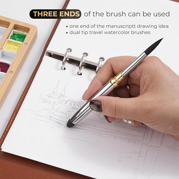 Travel Watercolor Palette Box, Fuumuui Black Wood Palette Kit with Cover, 12 Empty Removable Half-pan Grids, Dual Tip Travel Brushes, for Watercolor Gouache Color Mixing, Pure White Palette