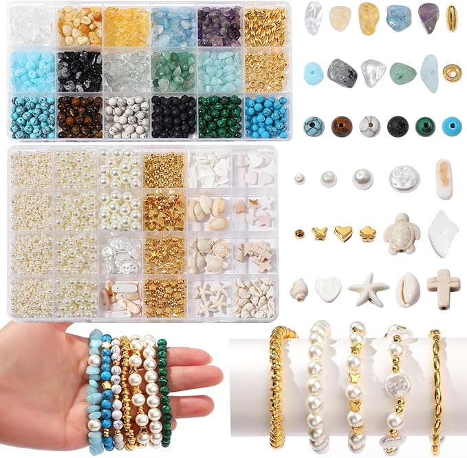 2100Pcs Jewelry Making Kit for Adults Women with Pearl Bead Crystal Beads Shell & Turquoise, 20 Colors Beads with Gold Bead Beading Kit for Bracelets, Necklace, Ring DIY Crafts Jewelry Making Kit
