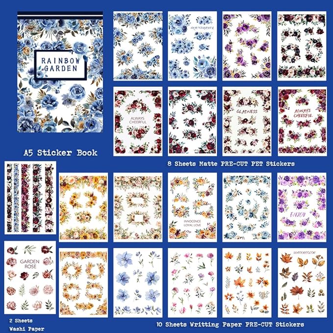 Vintage Watercolor Flower Stickers, Precut Journal Sticker Book for Junk Journaling, Assorted Materials PET Washi Paper Stickers for Scrapbooking Supplies, Planners, Collage, 20 Sheets, A5