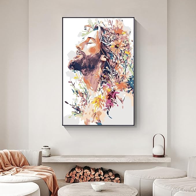 Yezavesu Framed Paint by Numbers Kit for Adults Beginner & Kids Ages 8-12, Jesus Paint by Numbers with Frame, DIY Number Painting for Adults Colorful Flowers for Home Wall Decor Gift 8X 12 inch