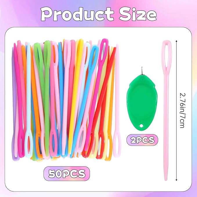 50 PCS Yarn Needles, 7cm/2.76inch Plastic Needles for Yarn Large Eye Plastic Tapestry Needle with 2 Pcs Threaders Colorful Craft Needle for Crochet DIY Sewing Handmade Knitting