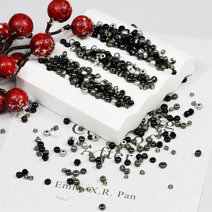 Bulk 4mm Black Seed Beads for Jewelry Making 110 Grams About 1600pcs,6/0 Glass Craft for Making Earrings, Bracelets, Pendants, Waist Jewelry, DIY Handmade Seed Beads（Black/White/Silver Mix）