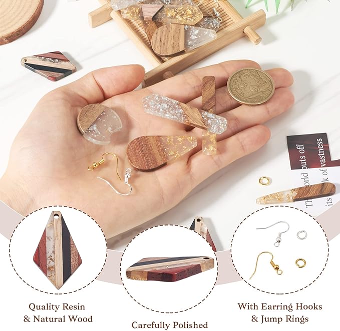 Beadthoven 88pcs Glittery Resin Wood Pendants Earrings Making Kit Gold Foil Wooden Earring Blanks Teardrop Rectangle Geometry Wood Earring Charms for Jewelry Making with Earring Hooks Jump Rings