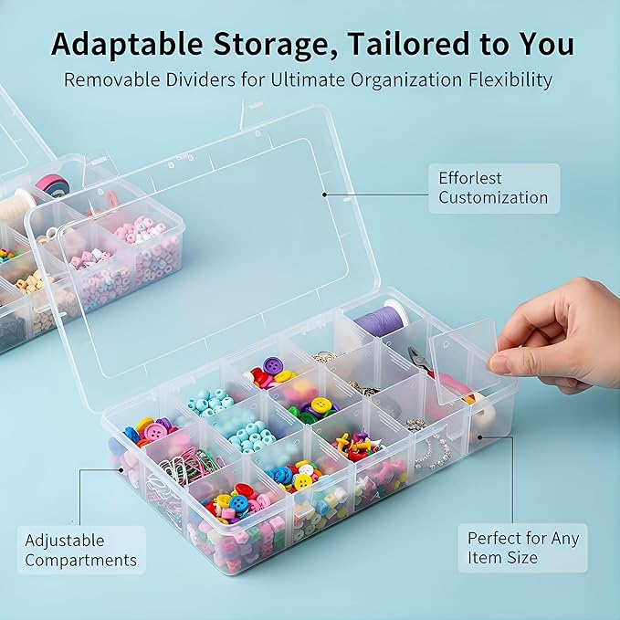 2 Pack 15 Grids Clear Plastic Organizer Box with Adjustable Dividers, Craft Storage Containers for Jewelry, Beads, Screws, Tackle Box, Washi Tapes, Small Parts Organizer for Arts and Crafts