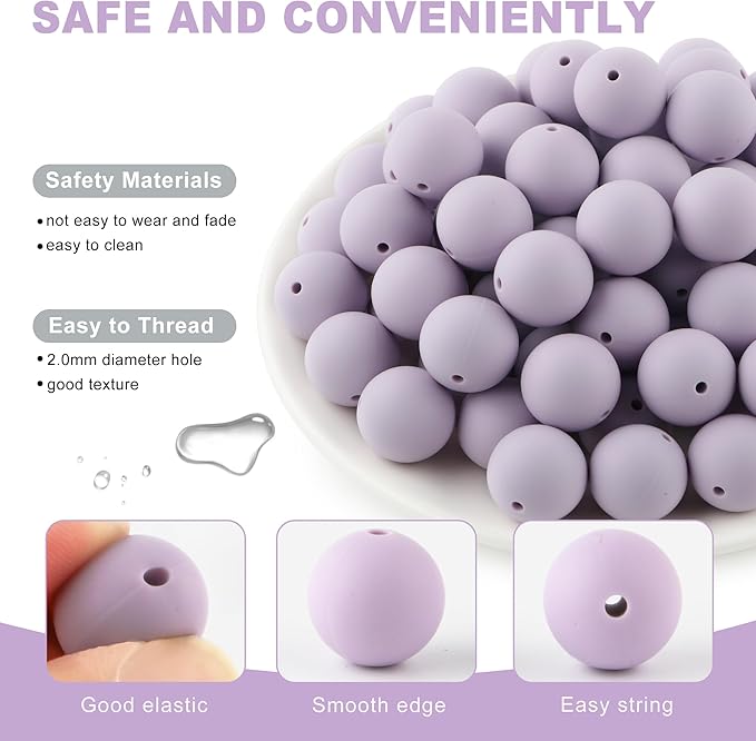 65Pcs 19mm Silicone Beads for Keychain Making Bracelet Necklace, Bulk Round Silicone Beads for Pens（Lilac）