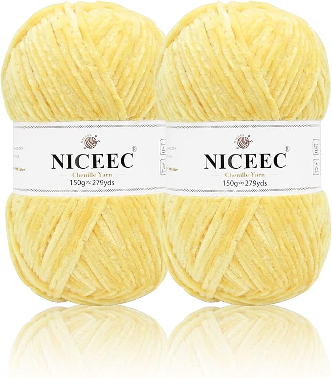 NICEEC 2 Skeins Soft Chenille Yarn Blanket Yarn for Knitting Fancy Yarn for Crochet Weaving DIY Craft Total Length 2×255m (2×279yds, 2×150g)_Yellow