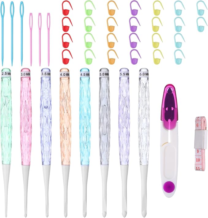 8 Sizes Crochet Hook Set Plastic 2.5mm-6mm Non-Slip Crochet Needle Set Crocheting Needles for Crocheting Blankets Hats Scarves Dolls Shawls