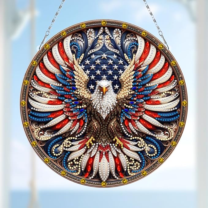 POETRYDRAW DIY Hanging Diamond Art Pendant Kit Eagle Independence Day, Special Crystal Diamonds Painting Ornament for Adults, 5D Diamond Art Suncatchers Double Sided Board Gem Painting Box Kit