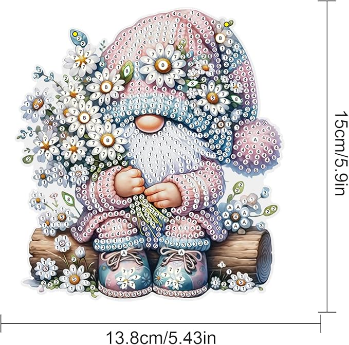 DIY 5D Diamond Painting Hanging Ornament Gnome with Daisy Flowers, Floral Crystal Rhinestone Diamond Art Pendant for Home, Wall, Window, Garden, and Gift