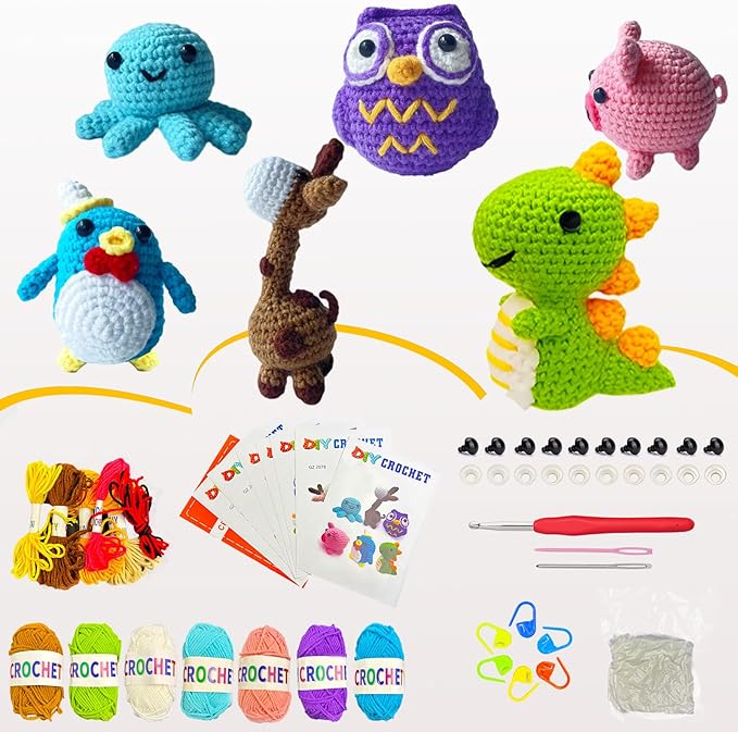 HAIDWEN 6Pcs 2026 Crochet Kit for Beginners Adults,Easy Animal Crochet Starter Kit with Step-by-Step Video Tutorials,Perfect DIY Gift for Craft Lovers with Yarn(40%+ Yarn)