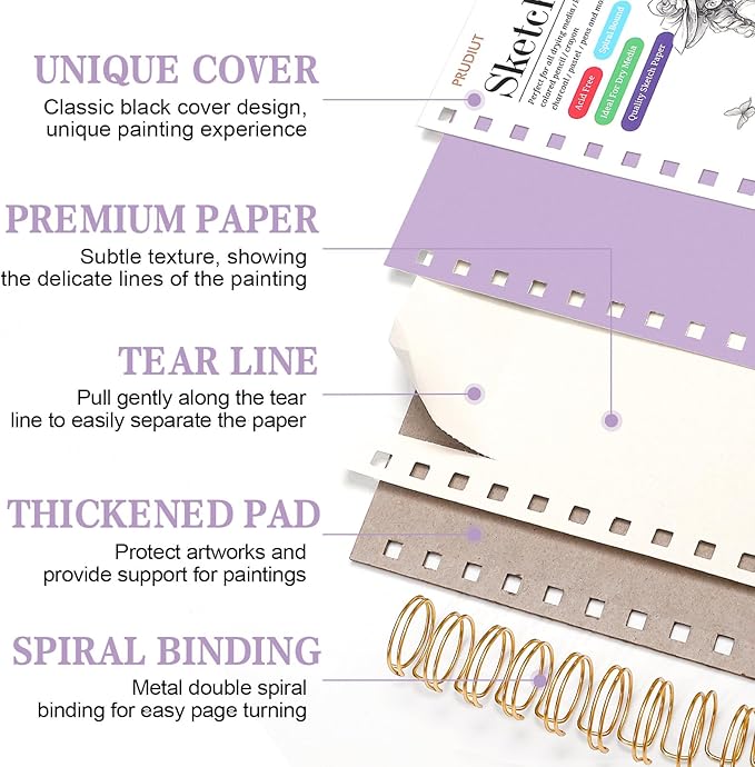 Sketch Book with 12 Color Pencil Set, 90 Sheets Spiral Sketchbook for Drawing (68lb/100gsm), Acid-Free Sketch Pad for Artist, Art Paper Drawing Supplies for Gifts(Purple)