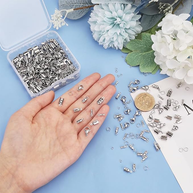 PH PandaHall Jewelry Making Kit, 200 pcs 304 Stainless Steel Fold Over Crimp Cord Ends 200 pcs Jump Rings 50 pcs Lobster Claw Clasps for Earring Bracelet Necklace Jewelry DIY Craft Making, 450 Pcs/Set