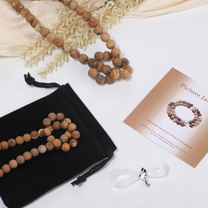 Stone Beads, 60pcs Matte Picture Jasper, 6mm Round Loose Beads for Jewelry Making, Bracelets, with Bag, String & Card