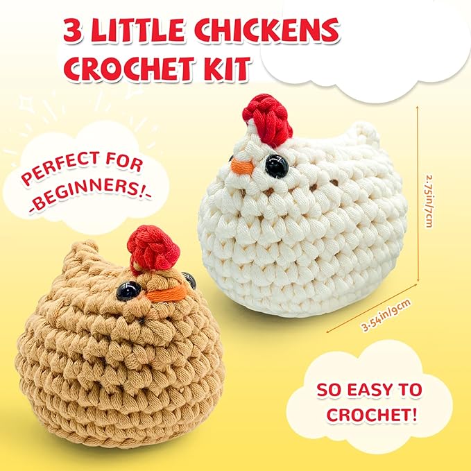 SGIBYN Crochet Kit for Beginners with Step-by-Step Video Tutorials, Starter Crochet Chickens Amigurumi Kit for Teens & Women - Easy DIY Handcraft Knitting Animal Kit - Learn to Crocheting (3 Chickens)