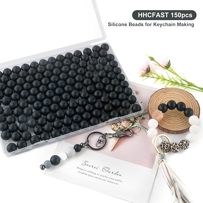 150Pcs 15mm Silicone Beads for Keychain Making Bracelet Necklace, Bulk Round Silicone Beads for Pens（Black）