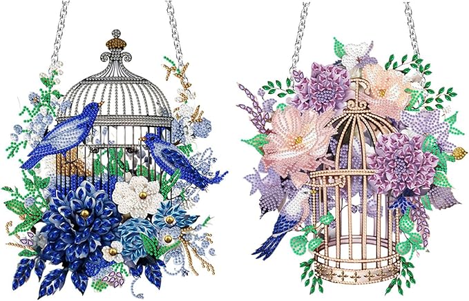 Flower Birdcage Design DIY Diamond Art Painting Wreath Kits Special Shaped Rhinestone Diamond Art Window Pendants Home Garden Wall Hanging Kits (Single Side Point Drill) (#11-Cat) (#07-2PC Bird)