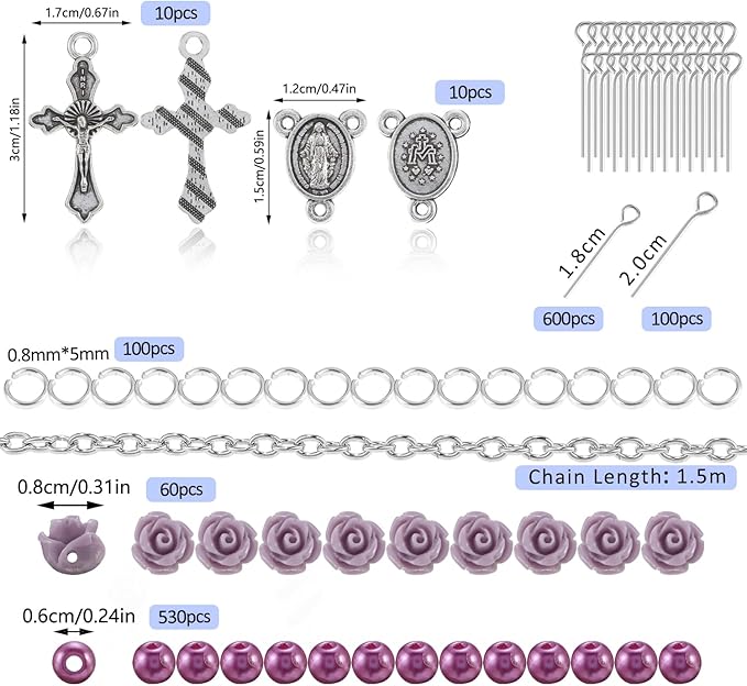 OEMOO 1410PCS Rosary Jewelry Making Kit Rosary Prayer Making Supplies Carved Rose Beads Cross Centerpiece Crucifix Medal, Silver Jesus Maria Pendant for Rosary Bracelet Necklace Jewelry (Purple)