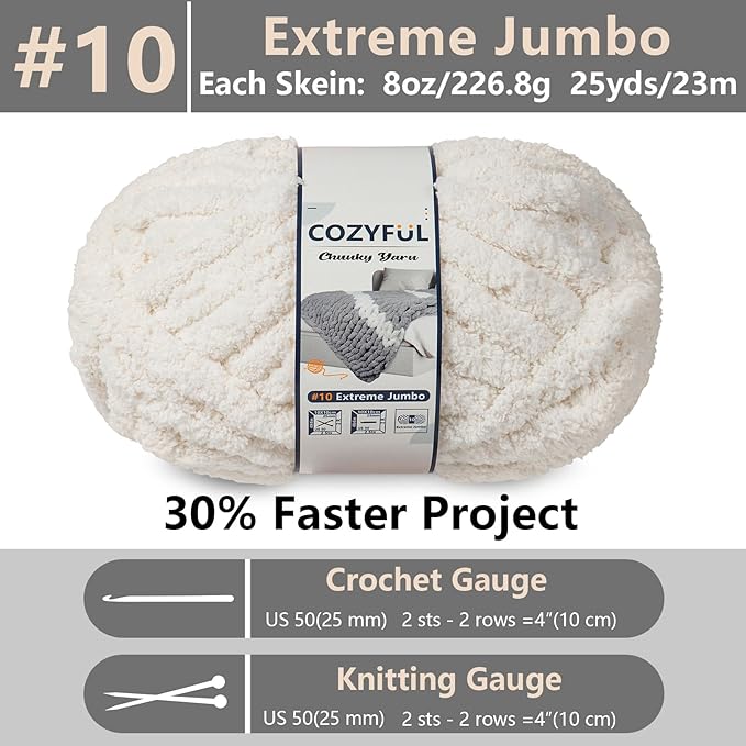 Chunky Yarn for Hand Knitting - #10 Chunky Chenille Yarn, Jumbo Big Thick Chunky Yarns for Crocheting, Super Bulky Chunky Knit Blanket Yarns, 8 Skein (25 yds 8 oz Each Skein), Beige White