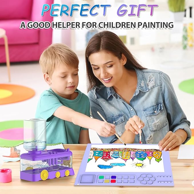 Paint Brush Cleaning Kit for Kids with 5 Brushes, Art Smock, Washable Mat, Guidebook, Spiral Brush Cleaner Jar for Watercolor(Purple)