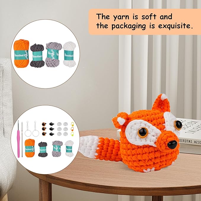 Vanttokeey Crochet Kit for Beginners, Animal Amigurumi Crochet Kits Included, Step-by-Step Video Tutorials, Beginner Crochet Kit for Adults and Kids, Crocheting Starter Set (Foxy)