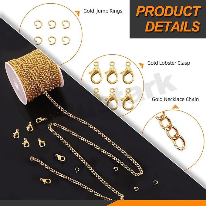 Rustark 102Pcs 4mm 30 Feet Gold Jewelry Making Chains Kit Thin Necklace Bracelet Chain Twisted Links Curb Chain with Jump Rings Lobster Clasps and Pliers for Bracelet Necklace Jewelry Making