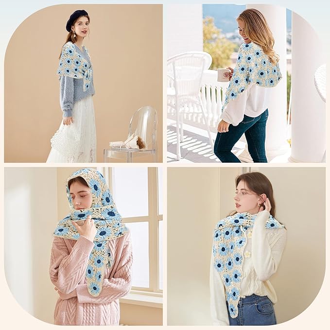 Noocro Crochet Kit for Intermediate or Advanced Levels, Complete Craft Kit for a Floral Daisy Shawl with Step by Step Video Tutorials Detailed Instructions, Perfect Holiday Gift or DIY Project (Blue)