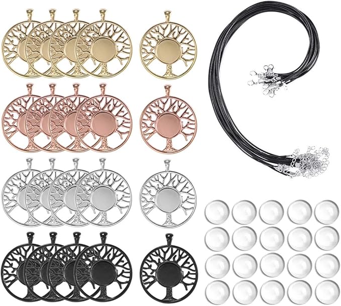 LANBEIDE 60Pieces Cabochons Crafting Kits-20Pcs Tree of Life Bezel Pendant Blank Trays with 20Pcs Glass Dome and 20Pcs Black Necklace Cords with Clasps for DIY Jewelry Making