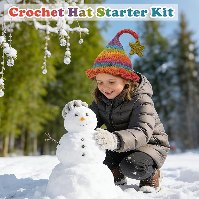 Alvian Elf Hat Crochet Kit for Beginners Rainbow Crochet Beanie Kit Knitting Kit for Beginners Adults Handmade Winter Toque (Red)