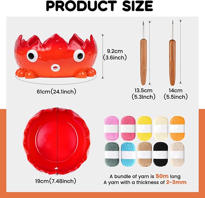 Flame Yarn Bowll for Crocheting and Knitting,7.48*3.6 Inch Large Capacity Crochet Bowls Containing 10 Bundles of Yarn and 2 Crochet Hooks,Exquisite and Cute Yarn Bowl,Suitable for Crochet Enthusiasts