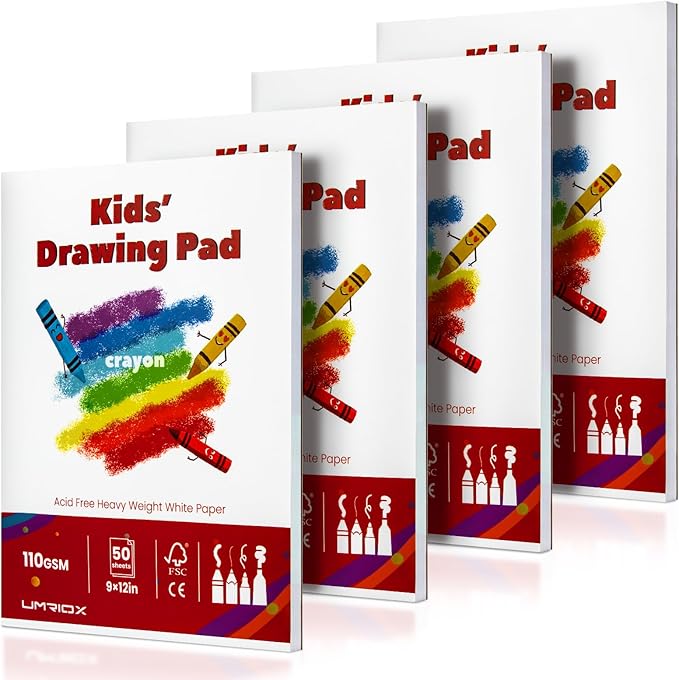 umriox drawing pad for kids, 9" x 12" sketch book, 4-pack sketch pad (50 sheets each), 110gsm acid-free drawing paper, glue-bound art sketchbook for kids' classroom, travel & school art supplies