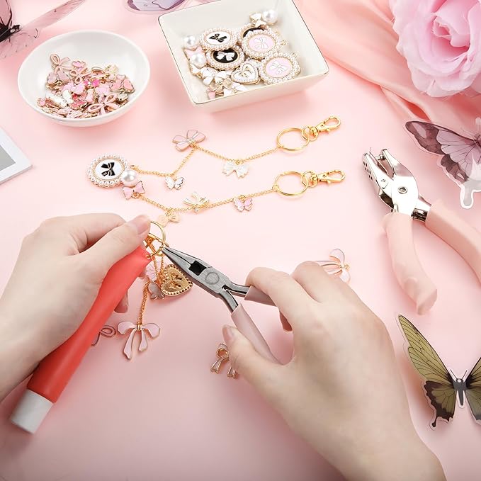 VioraWhite 213 Pcs Lip Gloss Keychain Making Kit 100 Pink Enamel Charms 32.81 ft Gold Chains for DIY Crafts Women(Butterfly)
