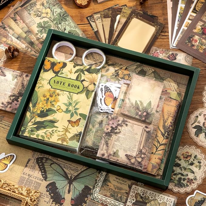 icceemee Scrapbooking Supplies Kit, Green Garden Scrapbooking Kit for Bullet Junk Journaling, Stationery, A6 Grid Notebook, Flower DIY Journaling Supplies, Birthday Craft Gift for Teen Girls