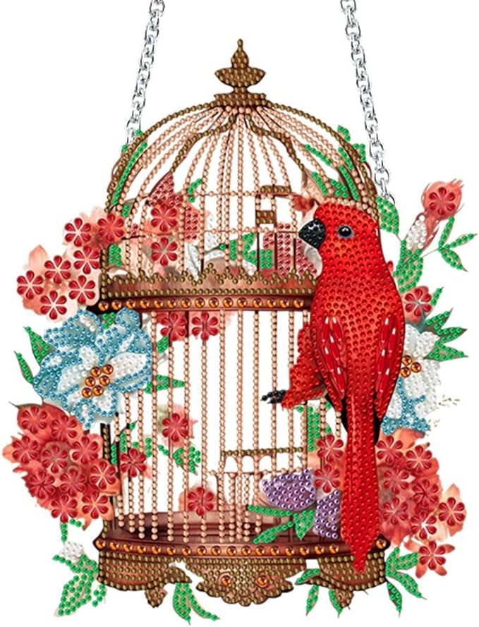 Flower Birdcage Design DIY Diamond Art Painting Wreath Kits Special Shaped Rhinestone Diamond Art Window Pendants Home Garden Wall Hanging Kits (Single Side Point Drill) (#11-Cat) (#04-Bird)