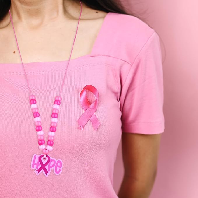 RZJSLSHANHAI 24 Sets Mother's Day Beaded Necklace Making Kit Pink Ribbon Beads Necklace DIY Crafts with Pink Ribbon Pendants Rope for Girl's Gift