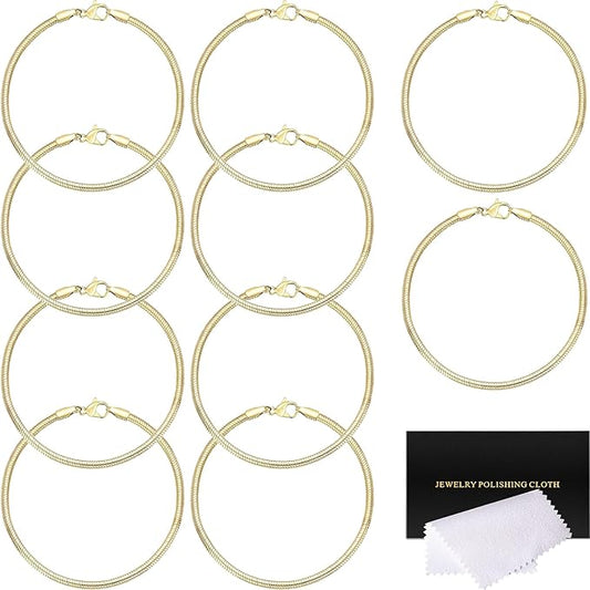 10 Pcs Snake Charm Bracelet Chain Adjustable Charm Bracelet Kit 3mm Dainty Snake Chain Bracelets Chains with Heart Lobster Clasp Extender Chains for Christmas DIY Women Jewelry Making Gifts Supplies