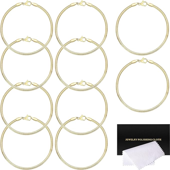 10 Pcs Snake Charm Bracelet Chain Gold Charm Bracelet Kit 3mm Dainty Stackable Snake Chain Bracelets Chain Pack with Polishing Cloth for Christmas Mother's Day DIY Women Jewelry Making Gifts Supplies