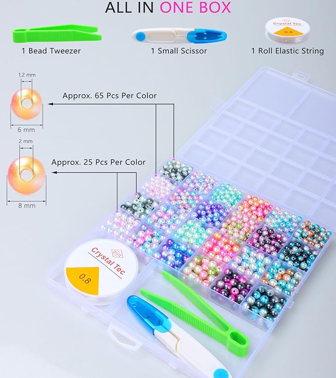 HINSOCHA Beads Bracelet Making Kit - 1020Pcs 6mm and 8mm Pearl-Like Beads for Jewelry Making, Gifts for Kids & Adults - Gradient