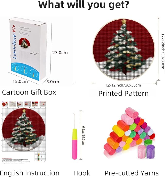 Latch Hook Rug Kit Christmas Tree with Red Easy for Beginners Round Shape Carpet Crochet Yarn Craft Mini Rug DIY Hook and Latch Little Tapestry for Home Decor 30x30cm-3