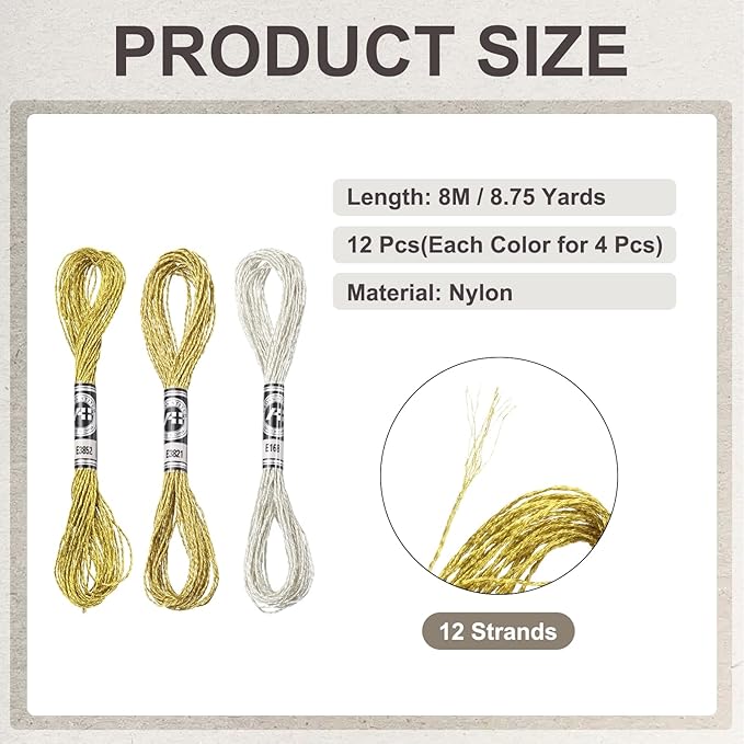 PATIKIL 12 Skeins Embroidery Floss, Metallic Embroidery Thread Nylon Threads Bracelets String for Cross-Stitch Hand Embroidery, Gold/Silver/Light Gold