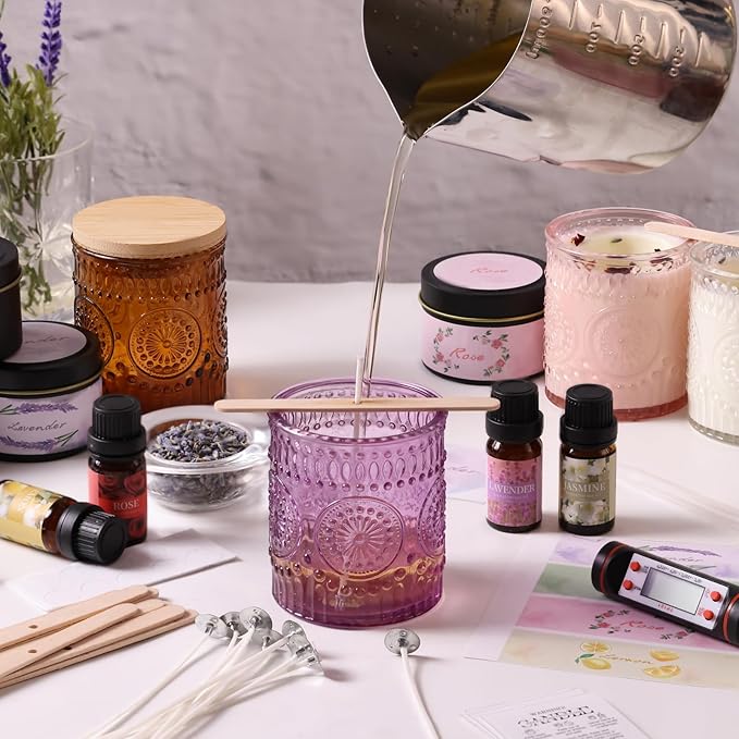 DARJEN Candle Making Kits - Soy Candles Making Supplies for Adults Including 4 Candle Jars(Clear, Pink, Amber, Purple), Candle Tins, Wax, Scents, Dried Flower & More, DIY Arts & Crafts Kits Home Decor