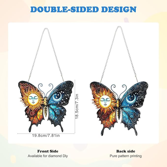 HEIBAGO Diamond Art Hanging Kits for Adults Kids, Hanging Diamond Art Butterfly, 5D Special Shaped Crystal Diamond Painting Kit Sun and Moon, DIY Pattern Window Pendant for Home Wall Decor 8.3x8.3Inch