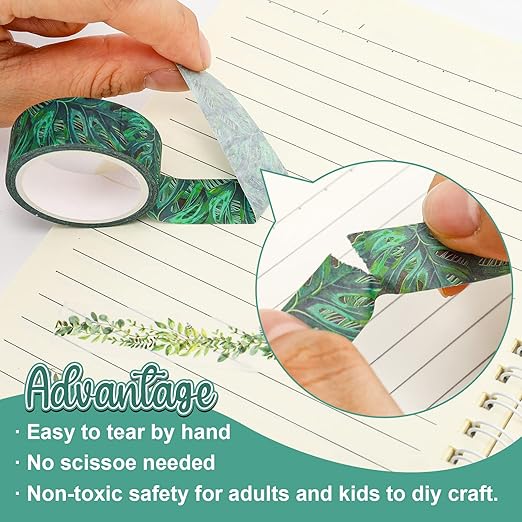 Whaline 12 Rolls Summer Greenery Washi Tapes Tropical Leaves Masking Tape 0.6 Inch Green Plants Cactus Succulents Decorative Tape Sticker for Scrapbook Journal DIY Craft Gift Wrapping,16.4ft