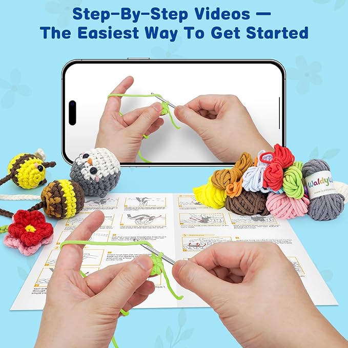 WaldyWop Crochet Kit for Beginners: 3 Animal & Flower Bookmarks Knitting Kits for Starter w/Easy Yarn, Crochet Hook&Easy Video Tutorials-Wobbles Crochet Animal Kit for Adults, Birthday Gifts for Women