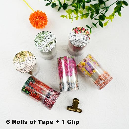 6 Rolls Flower Wall PET Tape Set, Seamless Floral Brick Stone Stickers for Journaling, DIY Crafts, Planner, Scrapbook Supplies with Clip, Waterproof and Decorative