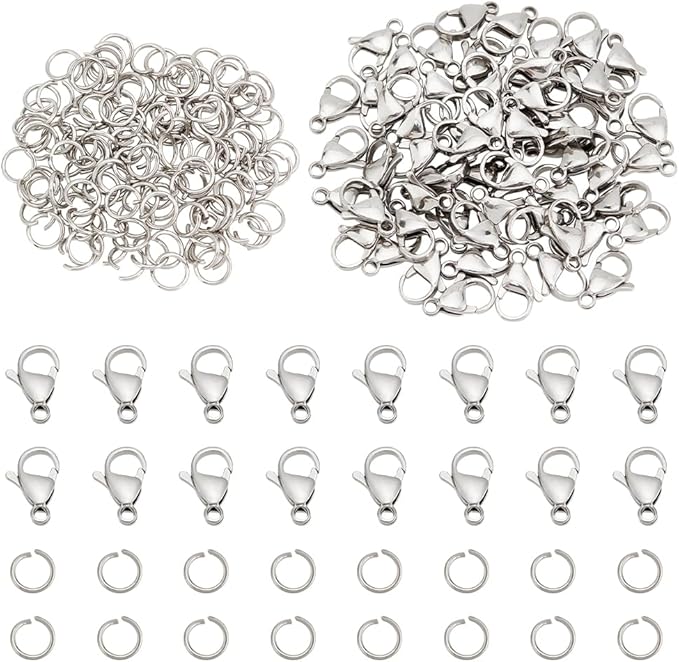 PH PandaHall 60pcs 15mm 304 Stainless Steel Lobster Claw Clasps with 120 pcs 6mm Jump Rings Jewelry Closure Fastener Hook for Earring Bracelet Necklace Pendants DIY Craft Making, Stainless Steel Color
