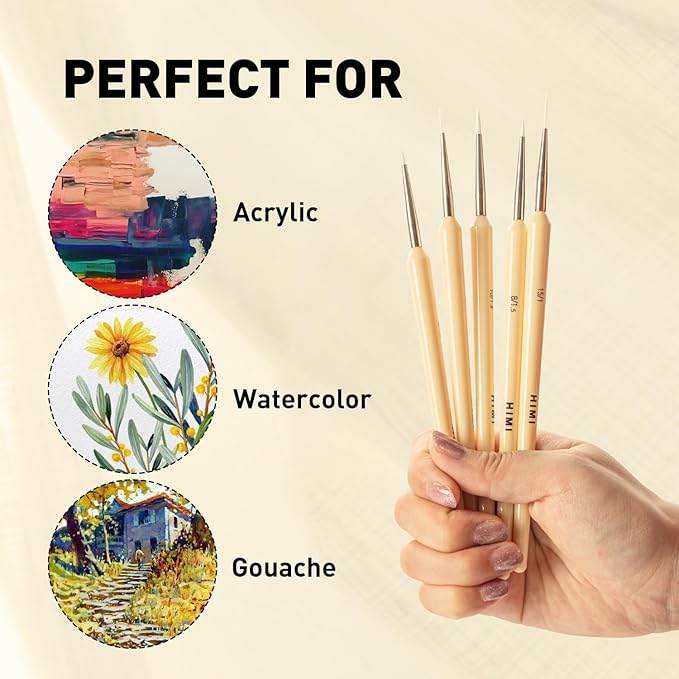 HIMI Gouache/Paint Detail Brushes Set 5 Pcs for Acrylic Oil Watercolor Face & Body Gouache Painting Nice Gift Art hobbyist,Adults (Yellow, Detail Brush)