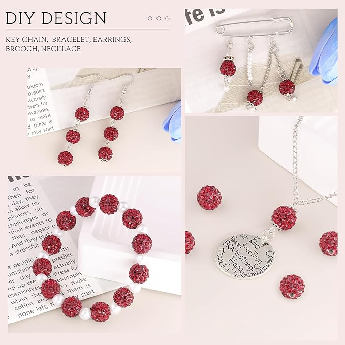 150 pcs 10mm Rhinestone Beads for Jewelry Making, Dark Red Shiny Round Shamballa Disco Beads Bulk, Sparkle Crystal Clay Christmas for Bracelet Baseball Necklace Earring Crafting and DIY