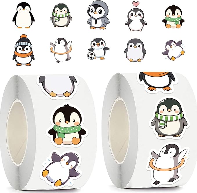 1000 pcs penguin stickers roll, 2 rolls 10 styles cute cartoon animal stickers for kids, teachers, school rewards, scrapbook, envelope seals, party favors, gift decorations